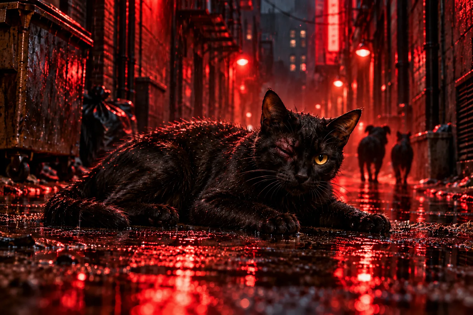 After an attack by dogs, the exhausted furry black cat lies alone under crimson city light, one eye injured shut; dog silhouettes retreat through the rain. No graphic violence.
